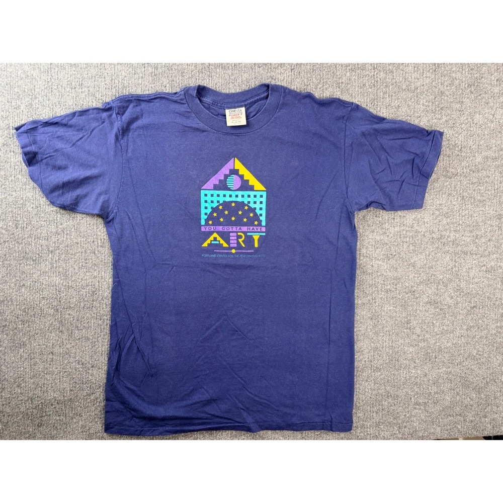 Vintage Oneita Power-T Portland Art Graphic Tee XL Navy Blue USA Made Y2K Shirt